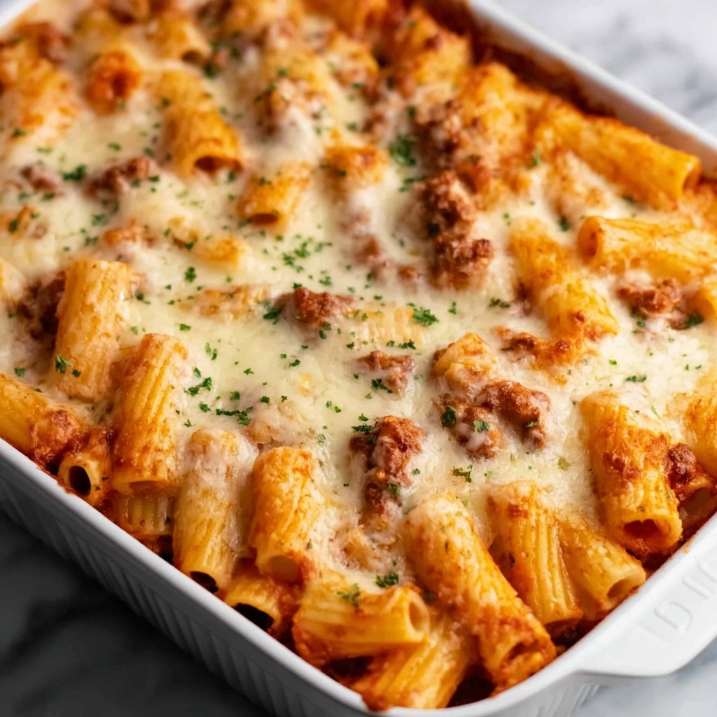 Baked Rigatoni Pasta with Tomato Sauce and Cheeses Recipe - Recipe Image